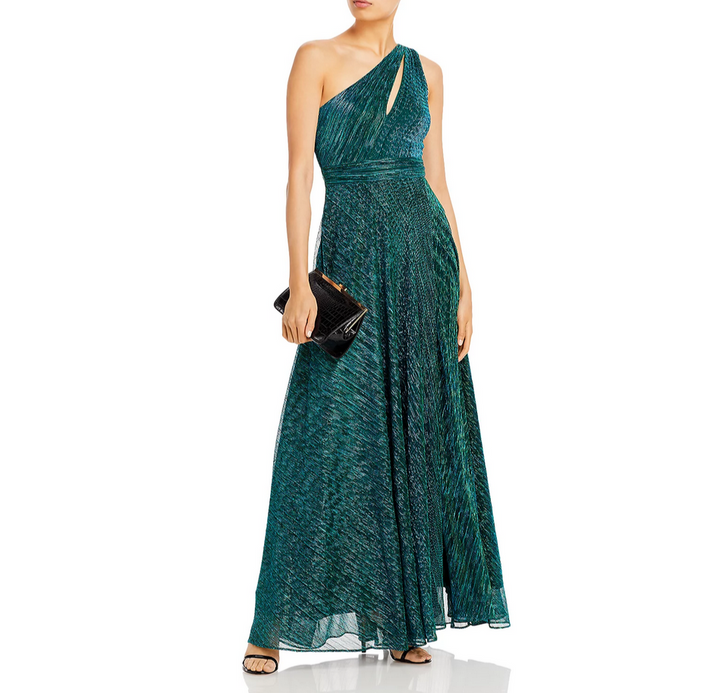 AQUA One Shoulder Crinkled Metallic Gown