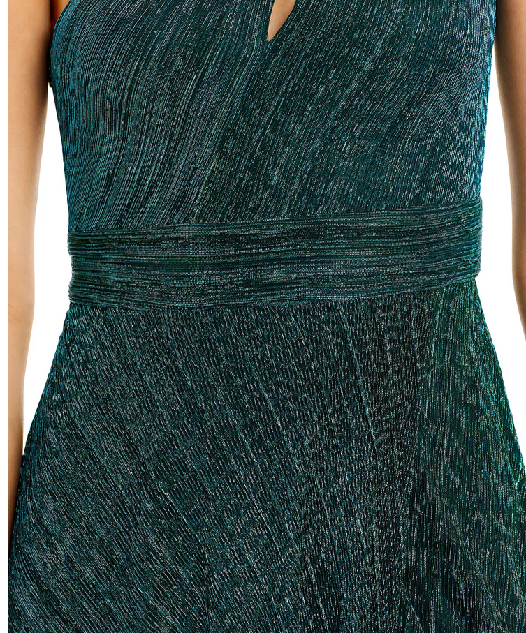 AQUA One Shoulder Crinkled Metallic Gown