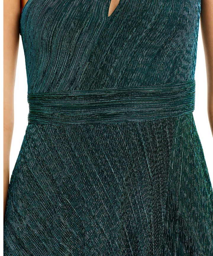 AQUA One Shoulder Crinkled Metallic Gown