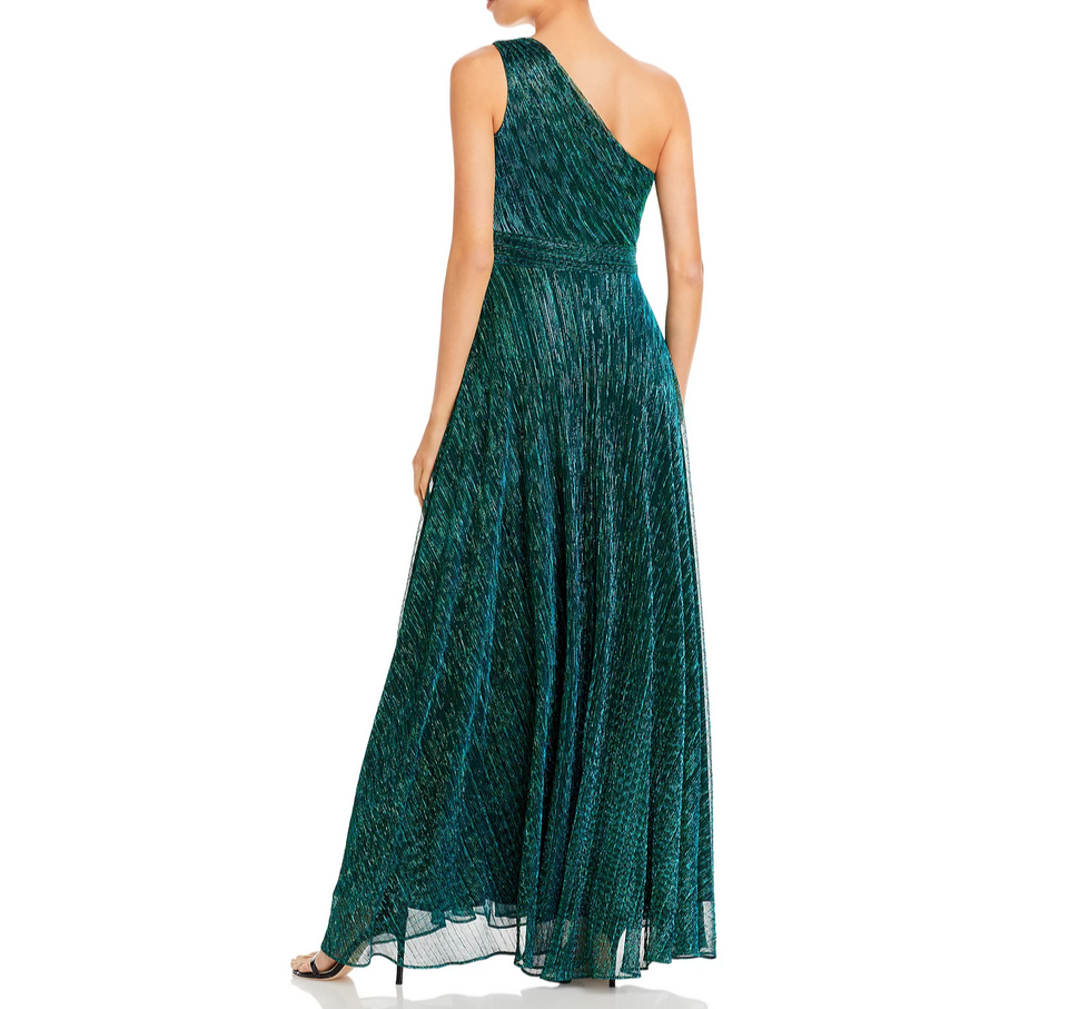 AQUA One Shoulder Crinkled Metallic Gown