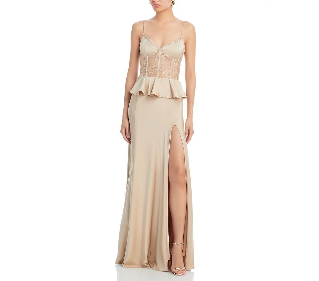V. Chapman Dianthus Lace Bodice High Slit Gown 2 / Doeskin V. Chapman Dianthus Lace Bodice High Slit Gown 2 / Doeskin
