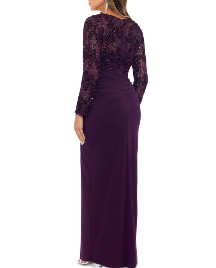 XSCAPE Petite Boat-Neck Long-Sleeve Sequin-Trim Gown