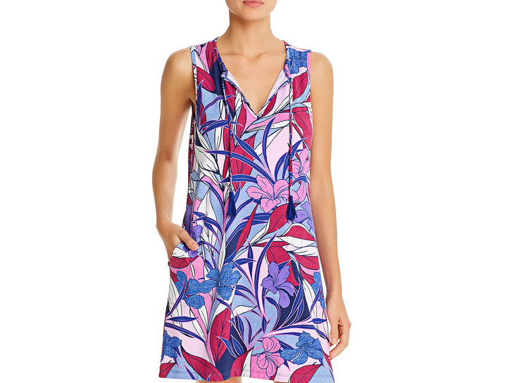 Tommy Bahama Linework Leaves Split-Neck Dress Swim Cover-Up