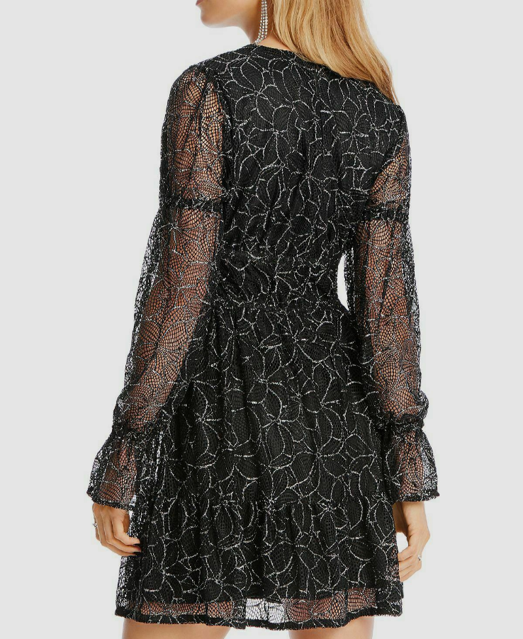 LINI Womens Gabriella Metallic Floral Print Flounce Dress Black XS LINI Womens Gabriella Metallic Floral Print Flounce Dress Black XS