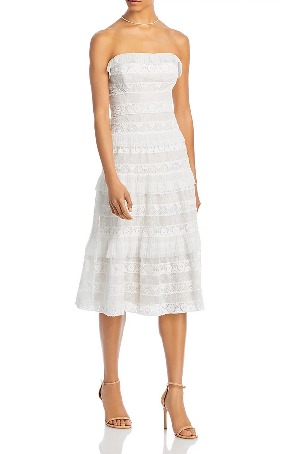 BCBGMAXAZRIA Mixed Lace Tiered Midi Dress