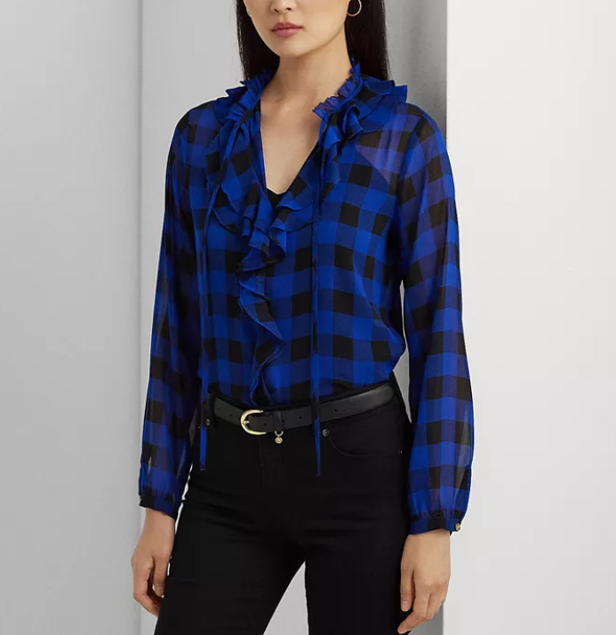 Ralph Lauren Buffalo Check Ruffled Georgette Blouse