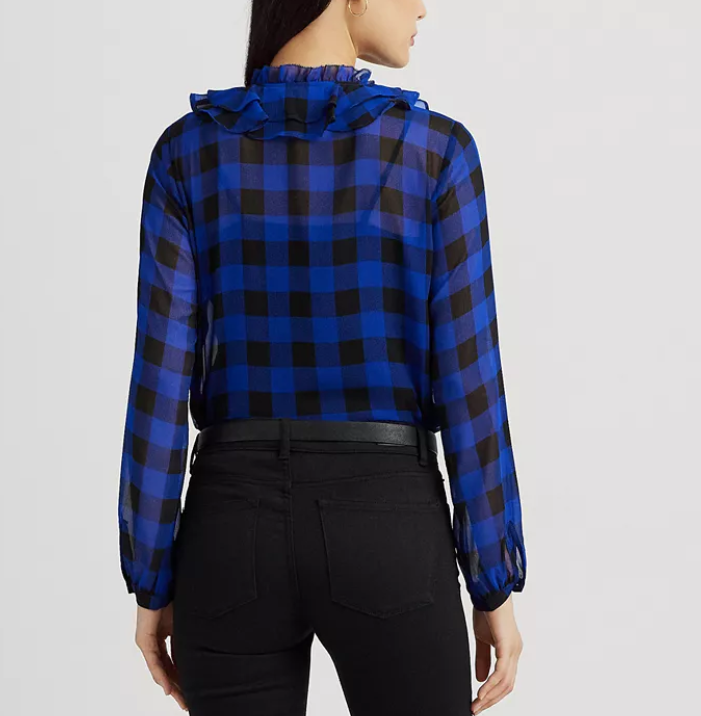 Ralph Lauren Buffalo Check Ruffled Georgette Blouse