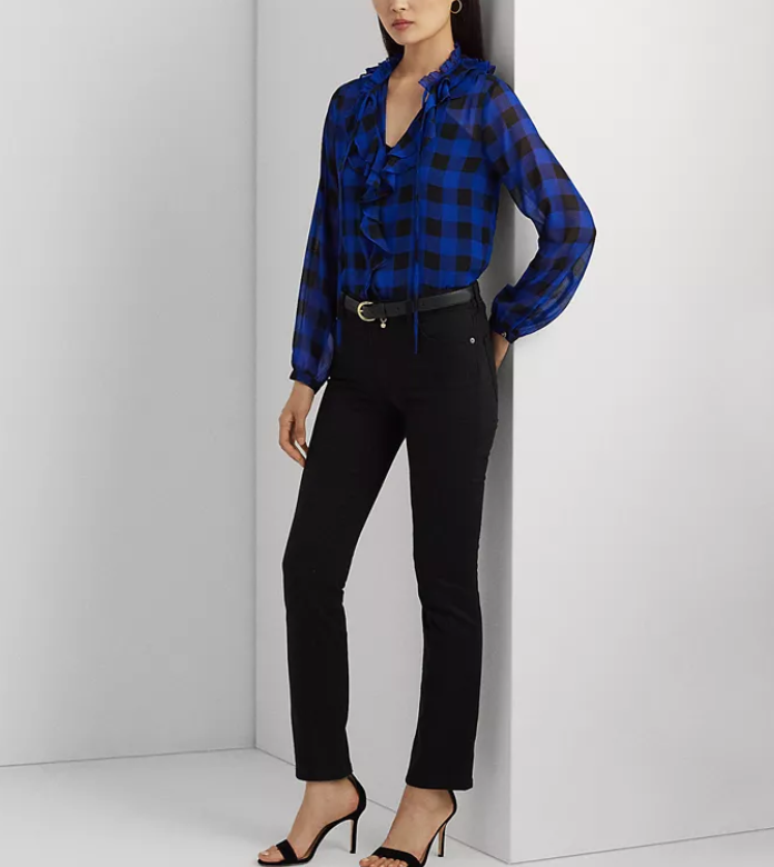 Ralph Lauren Buffalo Check Ruffled Georgette Blouse