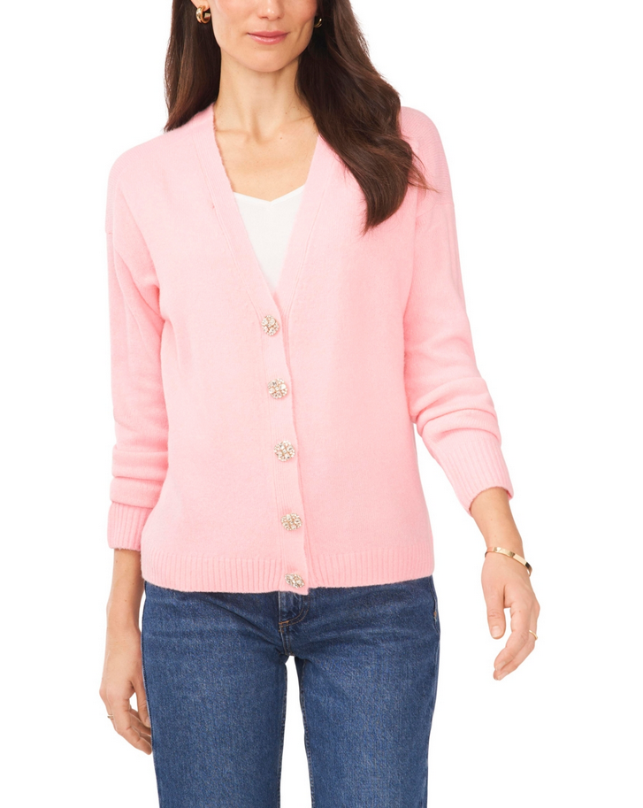 CeCe Button V-neck Cardigan