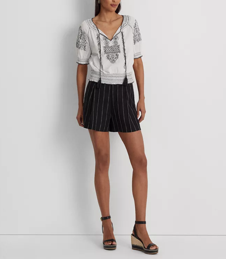 LAUREN RALPH LAUREN Pinstripe Pleated Linen Shorts