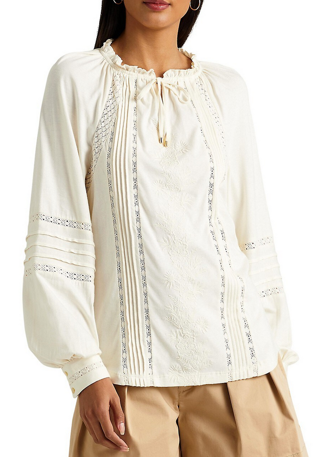 LAUREN RALPH LAUREN Embroidered Jersey Tie-Neck Top