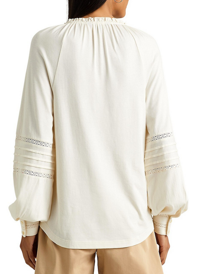 LAUREN RALPH LAUREN Embroidered Jersey Tie-Neck Top