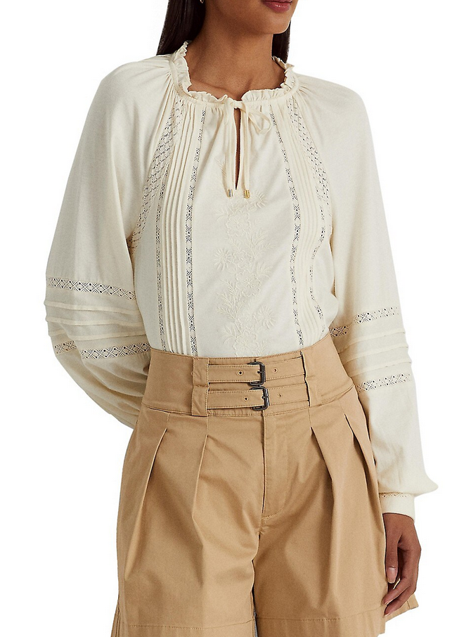 LAUREN RALPH LAUREN Embroidered Jersey Tie-Neck Top