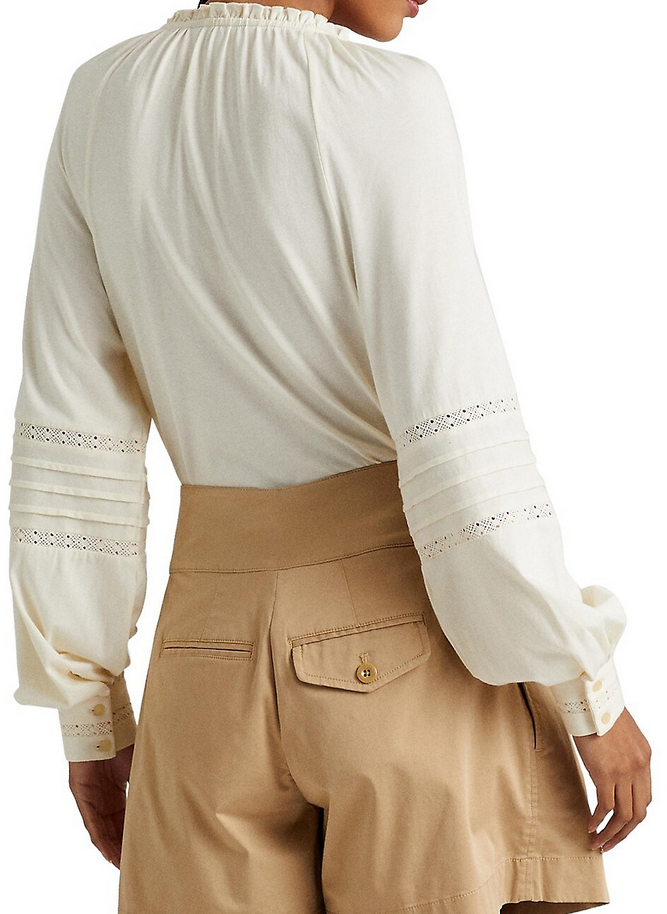 LAUREN RALPH LAUREN Embroidered Jersey Tie-Neck Top