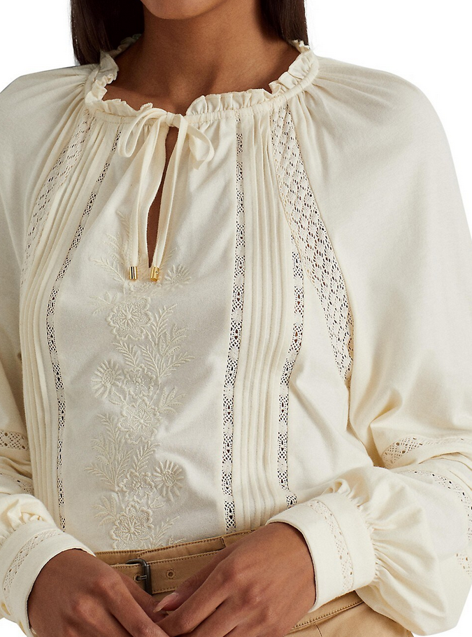 LAUREN RALPH LAUREN Embroidered Jersey Tie-Neck Top
