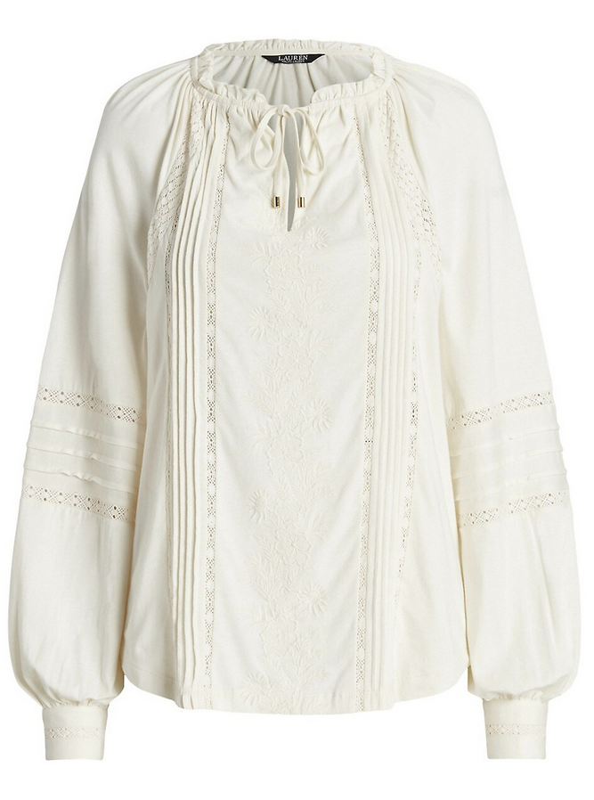LAUREN RALPH LAUREN Embroidered Jersey Tie-Neck Top