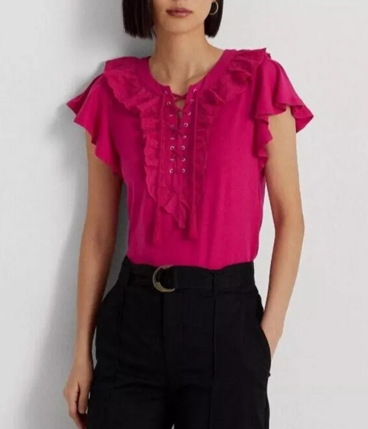 LAUREN RALPH LAUREN Ruffle-Trim Lace-Up Jersey T-Shirt