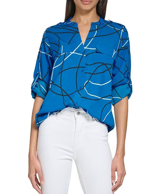 Calvin Klein Split V-Neck Long Sleeve Button Front Blouse
