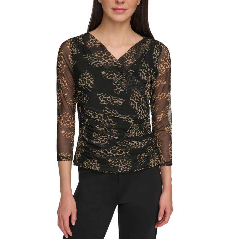 DKNY 3/4-Sleeve Printed Mesh V-Neck Top