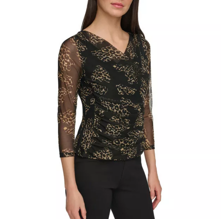 DKNY 3/4-Sleeve Printed Mesh V-Neck Top