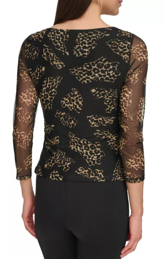 DKNY 3/4-Sleeve Printed Mesh V-Neck Top