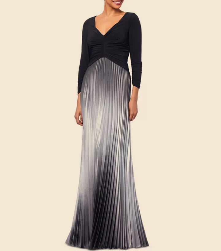 Betsy & Adam Ombré Pleated 3/4-Sleeve Gown