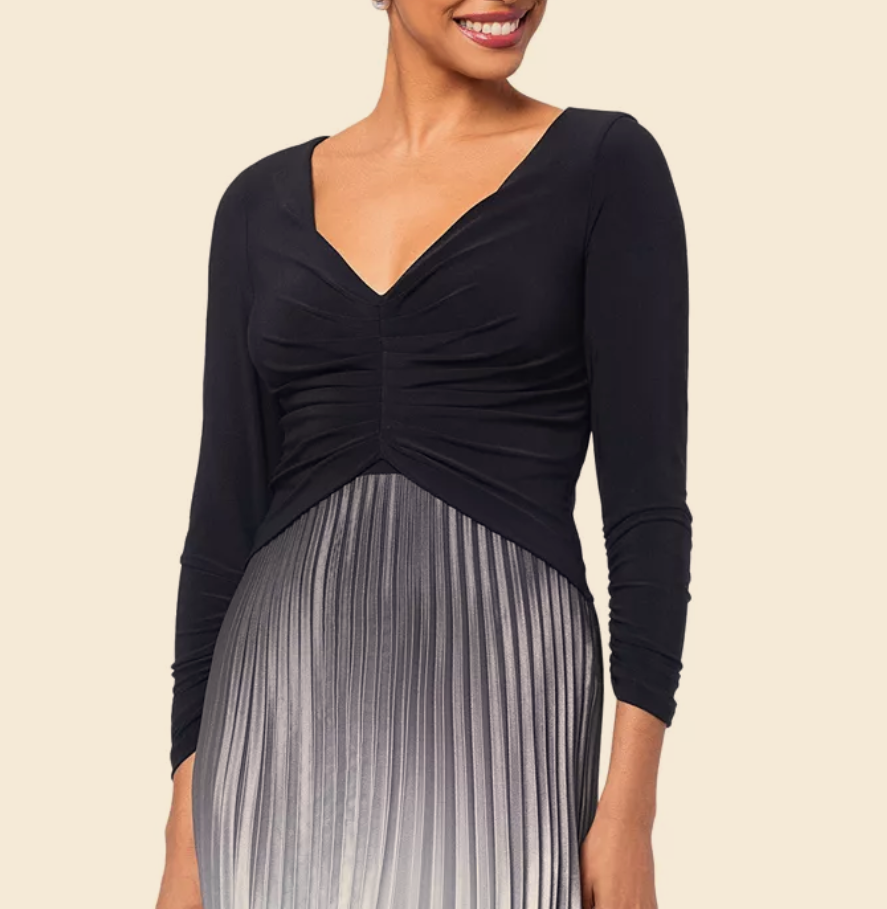 Betsy & Adam Ombré Pleated 3/4-Sleeve Gown