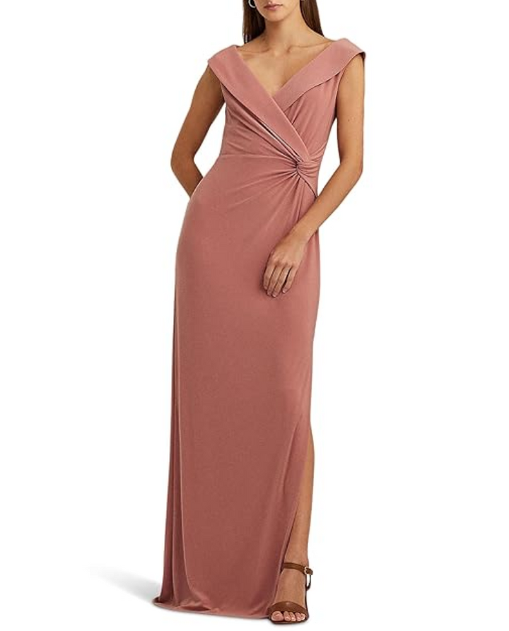 LAUREN RALPH LAUREN Jersey Off-the-Shoulder Side-Slit Column Gown