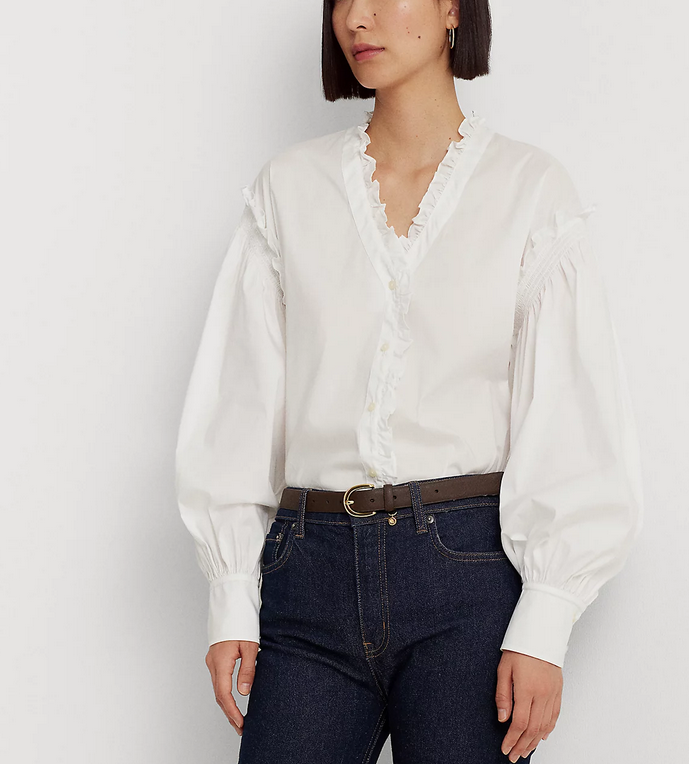 Ralph Lauren Ruffle-Trim Stretch-Cotton Blend Blouse