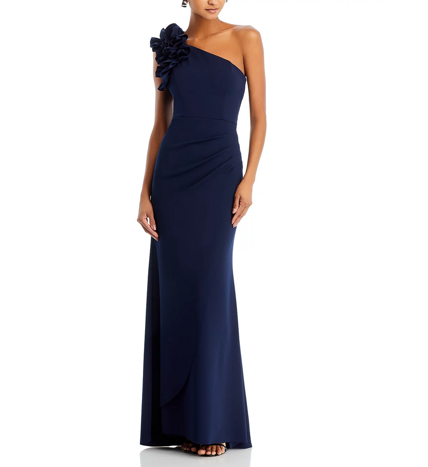 AQUA One Shoulder Ruffle Crepe Gown
