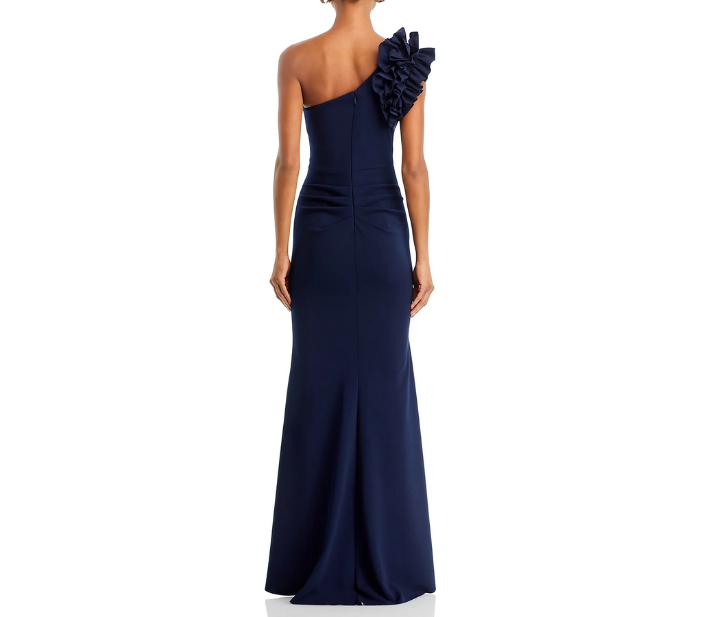 AQUA One Shoulder Ruffle Crepe Gown