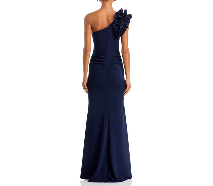 AQUA One Shoulder Ruffle Crepe Gown