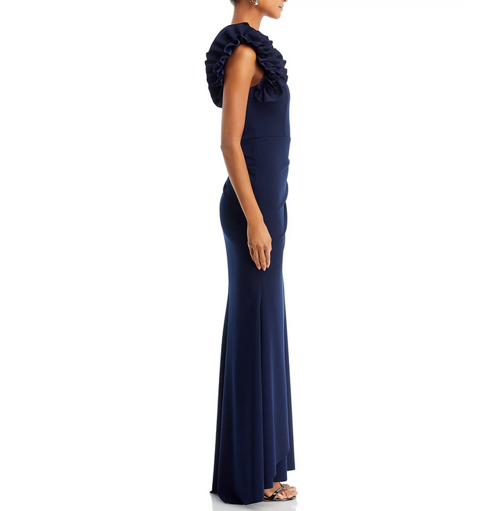 AQUA One Shoulder Ruffle Crepe Gown