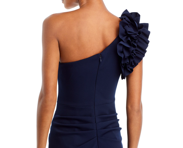 AQUA One Shoulder Ruffle Crepe Gown