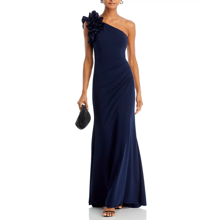 AQUA One Shoulder Ruffle Crepe Gown