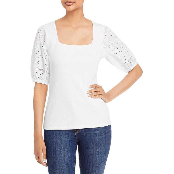 Single Thread Eyelet Puff Sleeve Ribbed Top