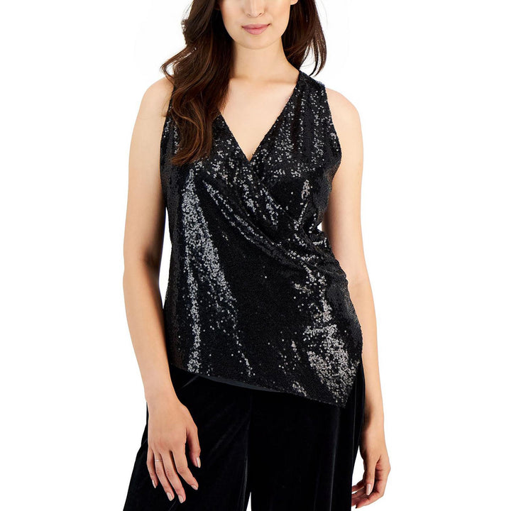 Tahari ASL Drape-Front Sleeveless Sequin Blouse