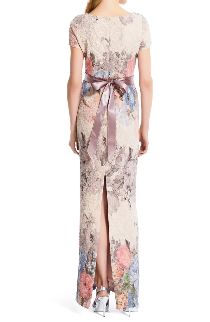Adrianna Papell Women's Floral-Print Short Sleeve Column Gown