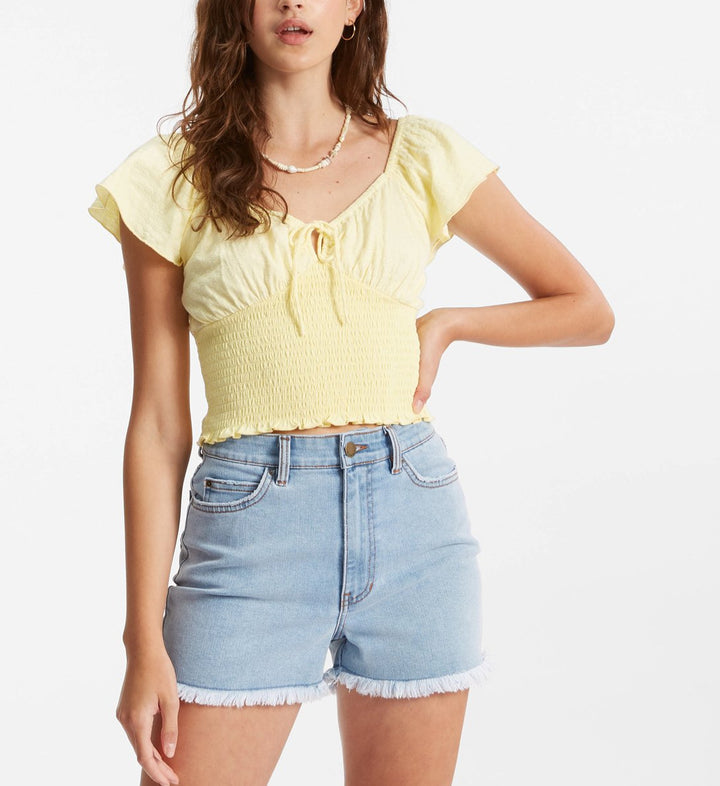 Billabong Secret Spot Smocked Ruffle Sleeve Top