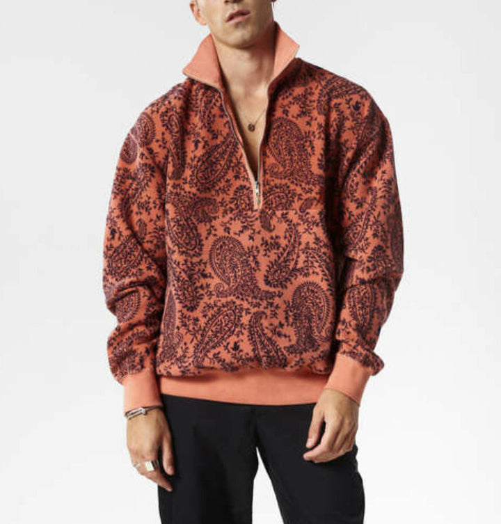 Aries Men's Cotton Reverse Fleece Paisley Half Zip Sweatshirt