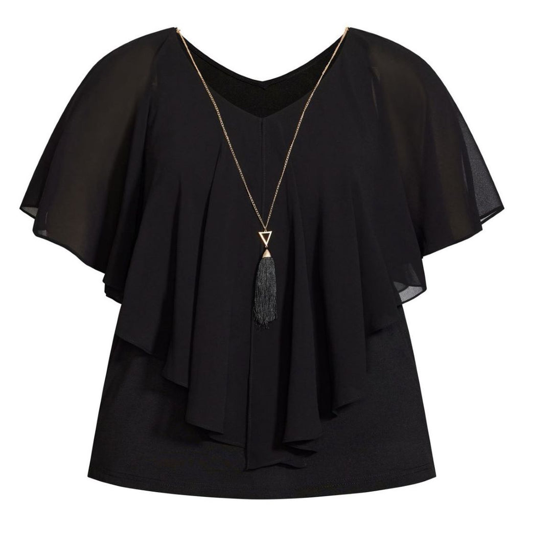 AVENUE Plus Size Mira Overlay Necklace Short Flutter Sleeve Top