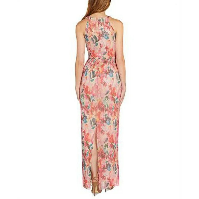 Adrianna Papell Metallic Floral Pleated Gown