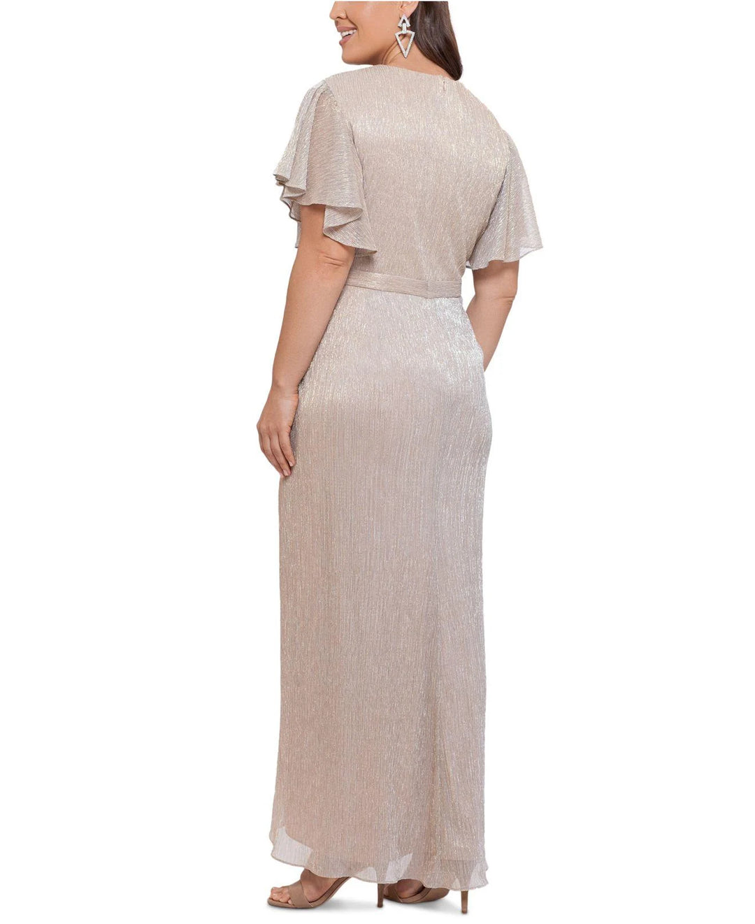 Betsy & Adam Crinkled Metallic Wrap Style Gown