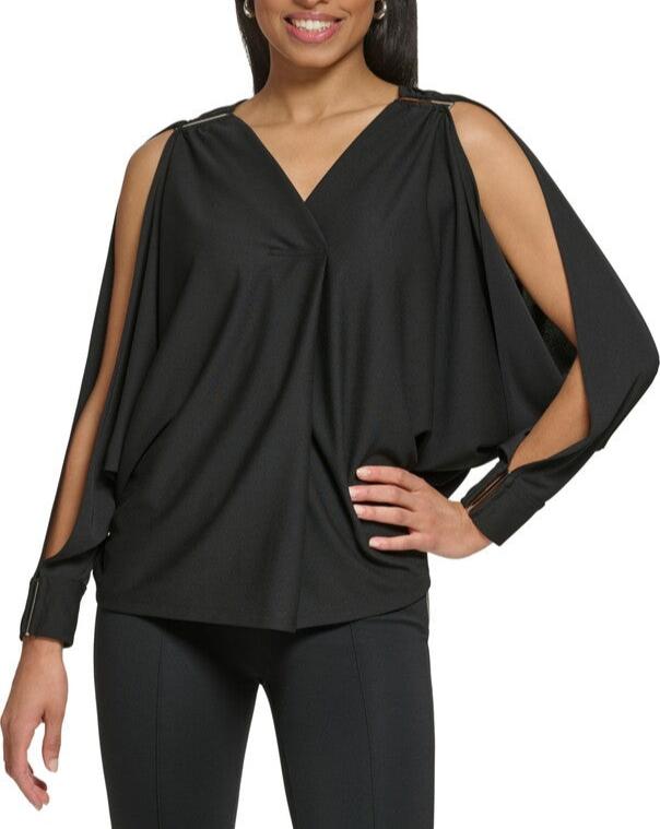 DKNY Matte Jersey Slit-Sleeve V-Neck Top