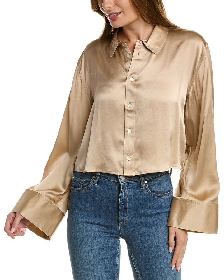 FRAME Silk Cropped Wide Sleeve Blouse