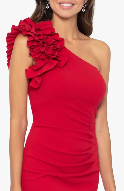 XSCAPE Petite Ruffle One Shoulder Sheath Dress