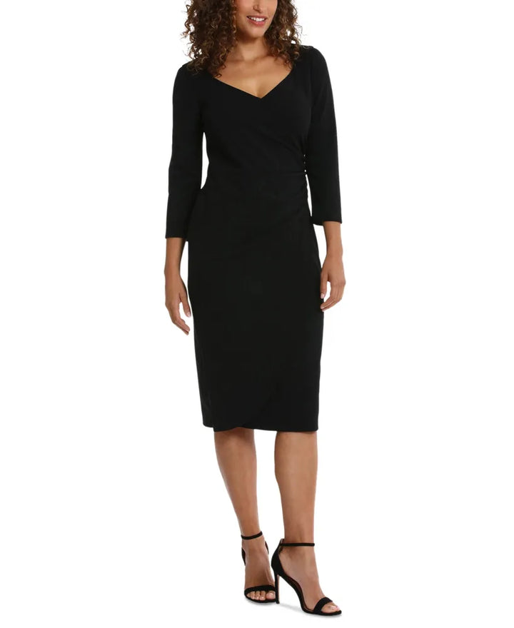 London Times Petite Puff-Sleeve Ruched Sheath Dress