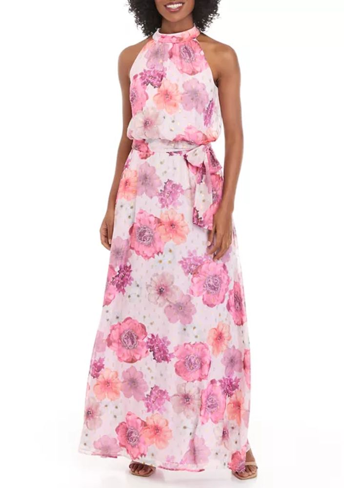 Jessica Howard Belted Halter Neck Floral Gown