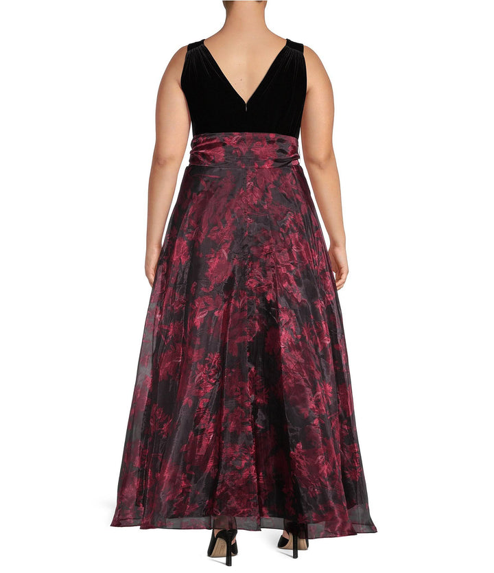 Eliza J Plus Size Velvet-Bodice Floral-Print Gown