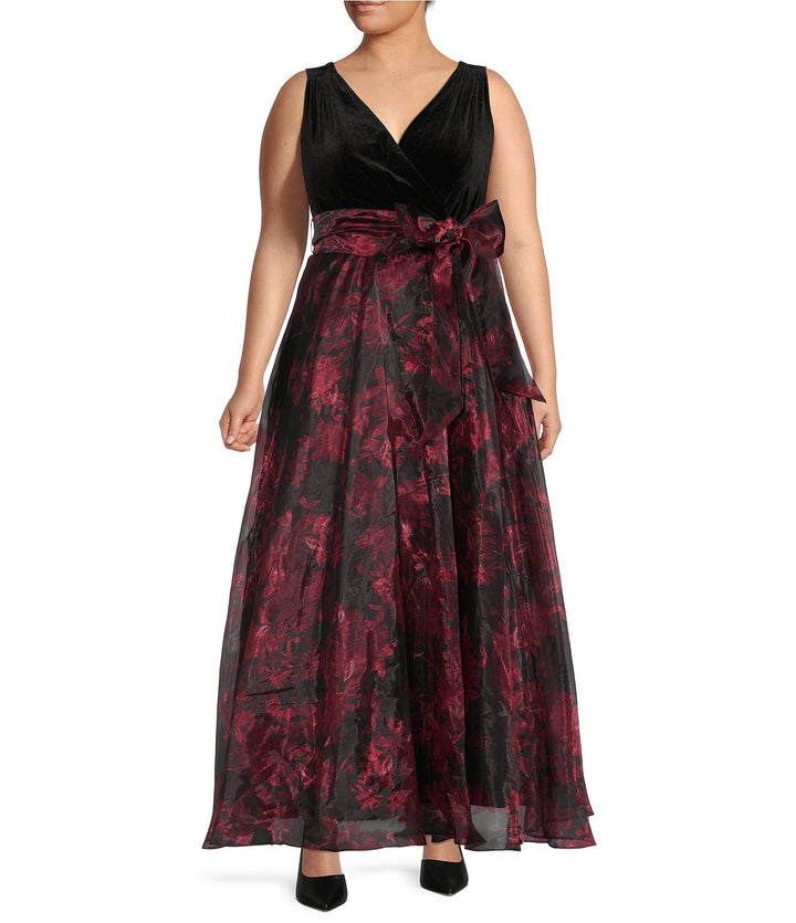 Eliza J Plus Size Velvet-Bodice Floral-Print Gown